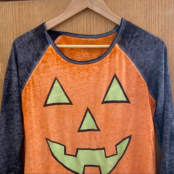 ZOE + LIV • Burnout Baseball Style Halloween Jack-O-Lantern Shirt - Size M - Picture 8 of 16